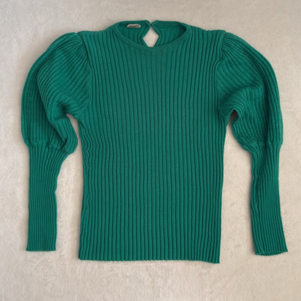 {VTG} Georgie Porgie | 70s/80s Rib Sweater Puff Sleeves Kelly Green (M) - Picture 16 of 16